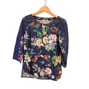 Express Womens Navy Multicolor Floral Blouse Size Small NWT